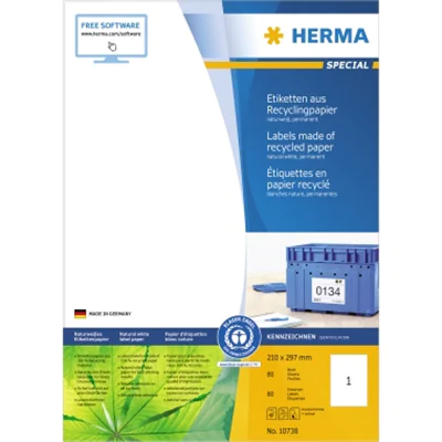 HERMA Universaletikett Recycling 210 x 297 mm (B x H) nicht wieder ablösbar Papier, 100 % recycelt naturweiß 80 Etik./Pack. HERMA Universaletikett Recycling 210 x 297 mm (B x H) nicht wieder ablösbar Papier, 100 % recycelt naturweiß 80 Etik./Pack.