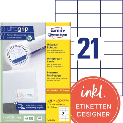 Avery Zweckform Universaletikett 3652 70x42,3mm weiß 2.100 St./Pack.