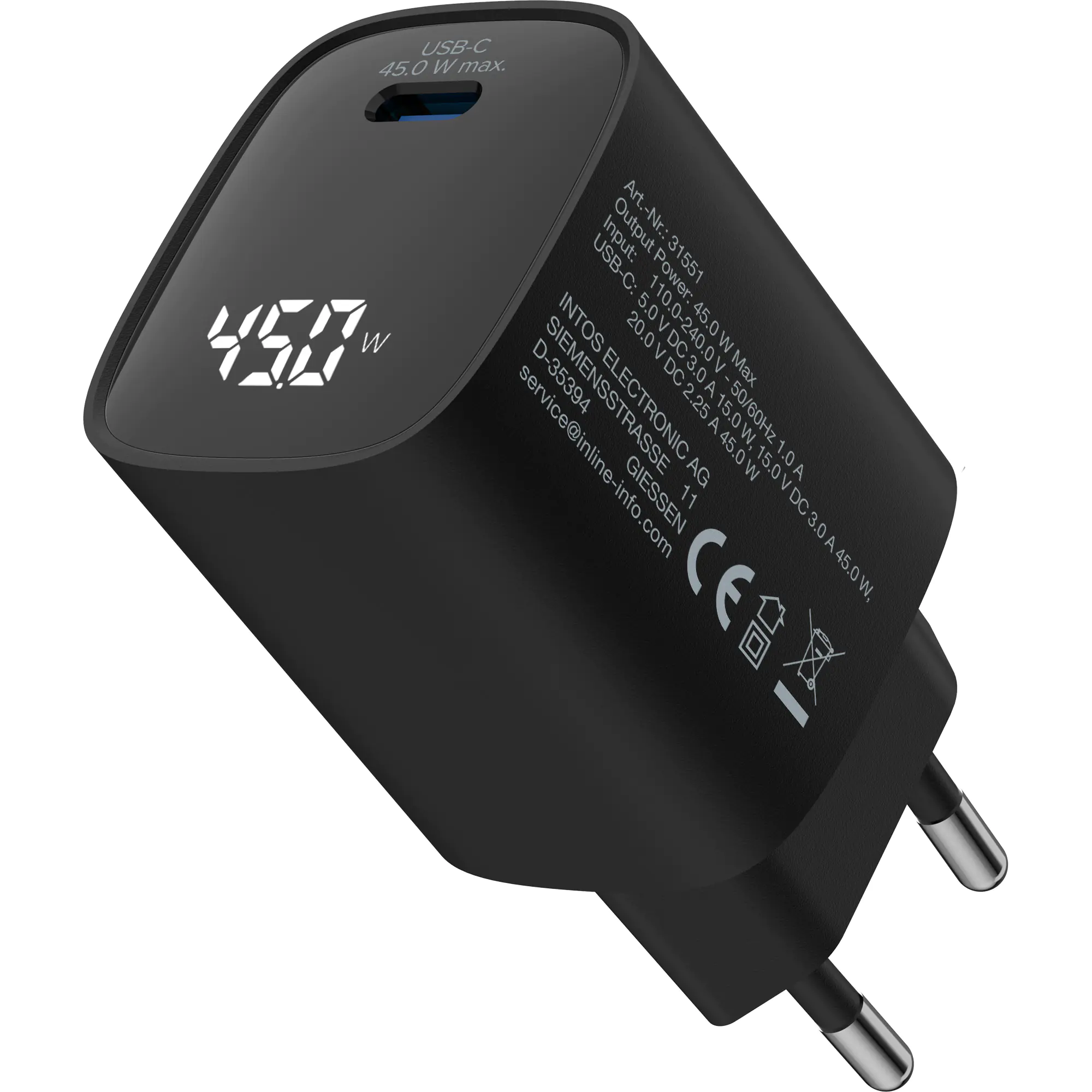 InLine USB PD Netzteil - GaN Ladegerät - 1-Port - USB-C - 45W - mit Display