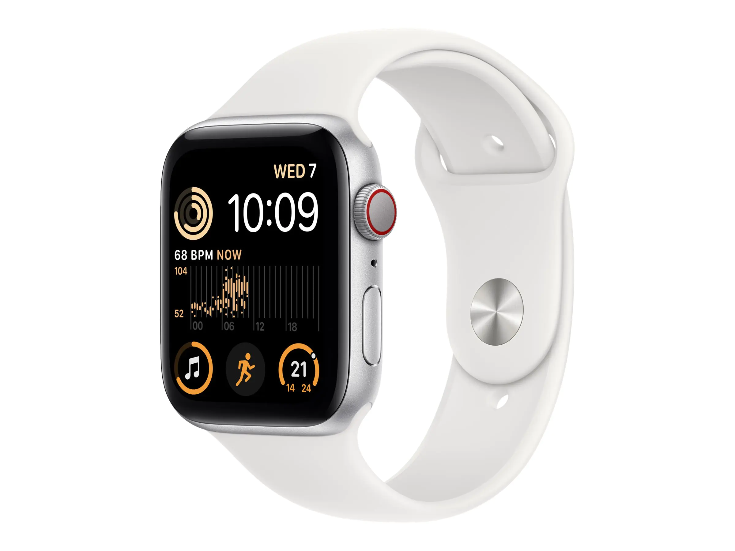 Apple Watch SE (GPS + Cellular) - 44 mm - Aluminium, Silber - intelligente Uhr mit Sportband - Flouroelastomer - weiß - Bandgröße: regelmäßig - 32 GB - Wi-Fi, LTE, Bluetooth - 4G - 32.9 g