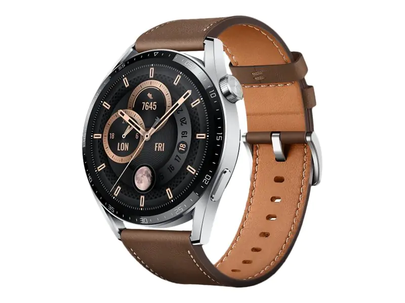 Huawei Watch GT 3 - Classic Edition - 46 mm - Silver Edelstahl - intelligente Uhr mit Riemen - Leder - braun - Handgelenkgröße: 140-210 mm - Anzeige 3.6 cm (1.43") - 4 GB - Bluetooth - 42.6 g