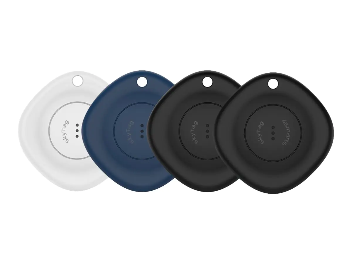 4smarts SkyTag - Anti-Verlust Bluetooth-Tag für Rucksack, Schlüssel, Brieftasche - Schwarz, weiß, Blau (Packung mit 4) - für iPhone/iPad/iPod