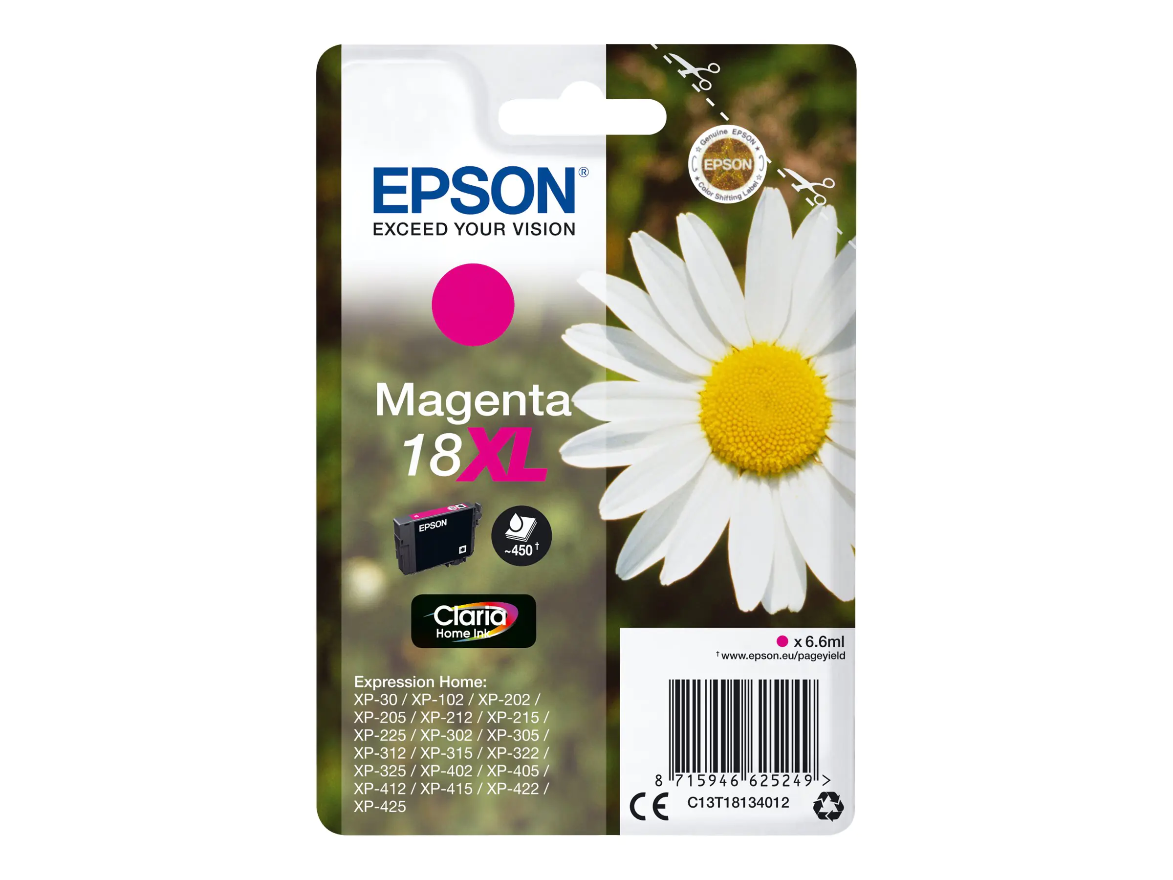 Epson 18XL - 6.6 ml - XL - Magenta - Original - Tintenpatrone - für Expression Home XP-212, 215, 225, 312, 315, 322, 325, 412, 415, 422, 425 Epson 18XL - 6.6 ml - XL - Magenta - Original - Tintenpatrone - für Expression Home XP-212, 215, 225, 312, 315, 322, 325, 412, 415, 422, 425