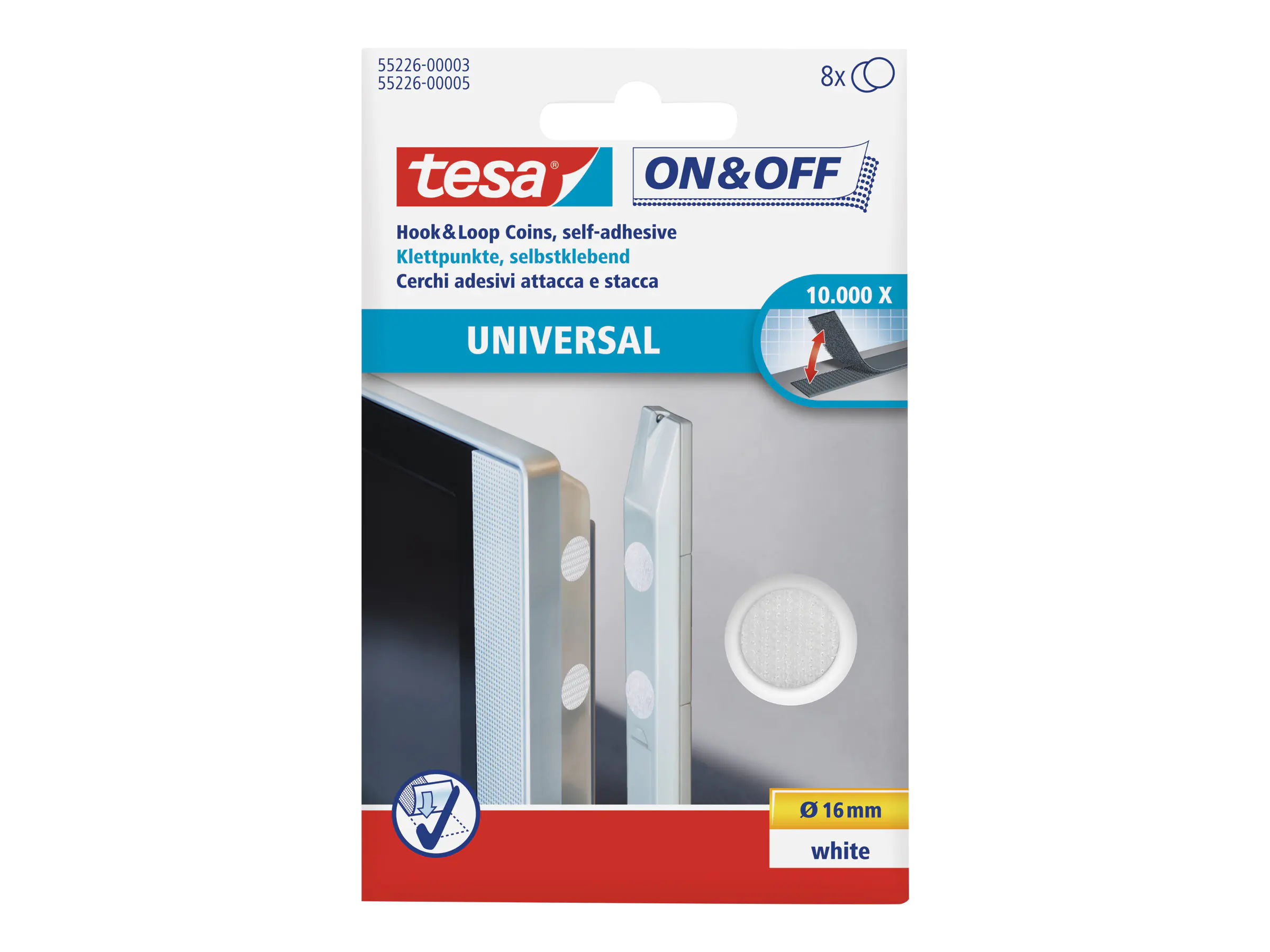 Tesa On & Off - Montagekleber - 1,6 cm Durchmesser - weiß - nicht permanent (Packung mit 8) 55226-00003-01