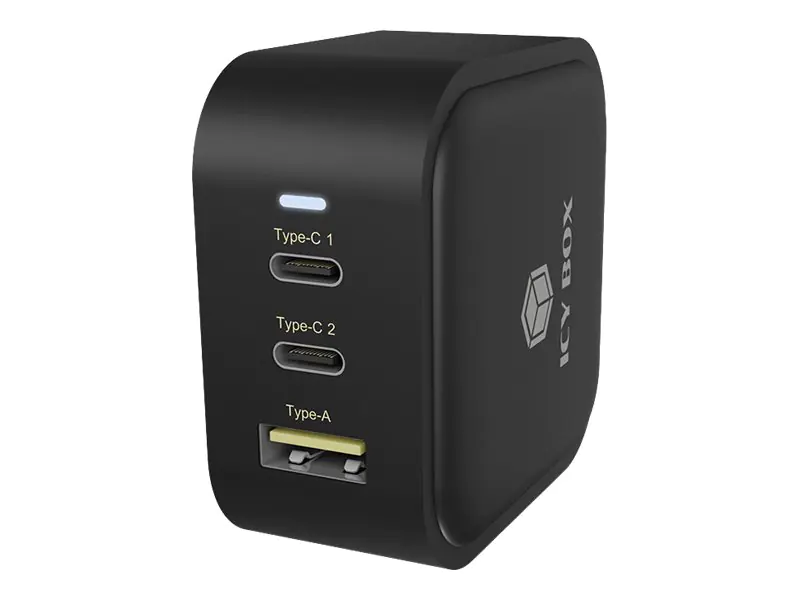 ICY BOX IB-PS103-PD - Netzteil - 65 Watt - 3.25 A - PD 3.0, QC 3.0 - 3 Ausgabeanschlussstellen (2 x USB-C, USB) - Schwarz