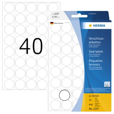 HERMA Verschlussetikett 2257 19mm transparent 640 St./Pack. HERMA Verschlussetikett 2257 19mm transparent 640 St./Pack.