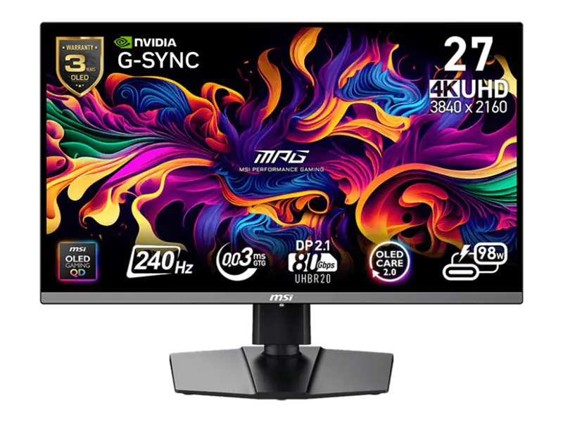 MSI MPG 272URXDE - OLED-Monitor - Gaming - 68.6 cm (27") (26.5" sichtbar) - 3840 x 2160 UHD @ 240 Hz - 1000 cd/m² - 1500000:1 - DisplayHDR 400 True Black - 0.03 ms - 2xHDMI, DisplayPort, USB-C - Schwarz
