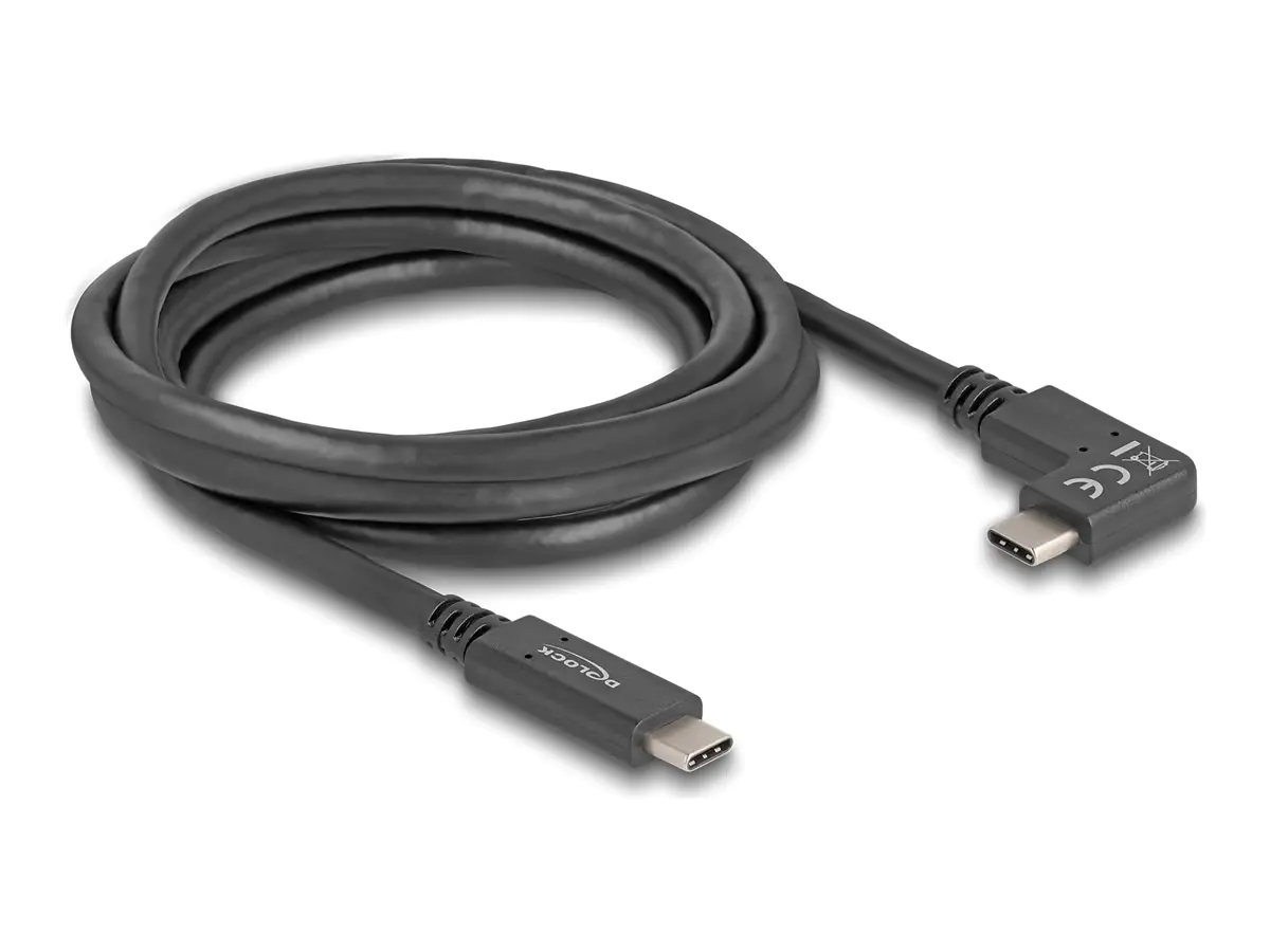 Delock - USB-Kabel - 24 pin USB-C (M) zu 24 pin USB-C (M) gewinkelt - 3 A - 2 m - USB Power Delivery (60W), unterstützt 4K 144 Hz (3840 x 2160), up to 5 Gbps data transfer rate, E-marker - Schwarz