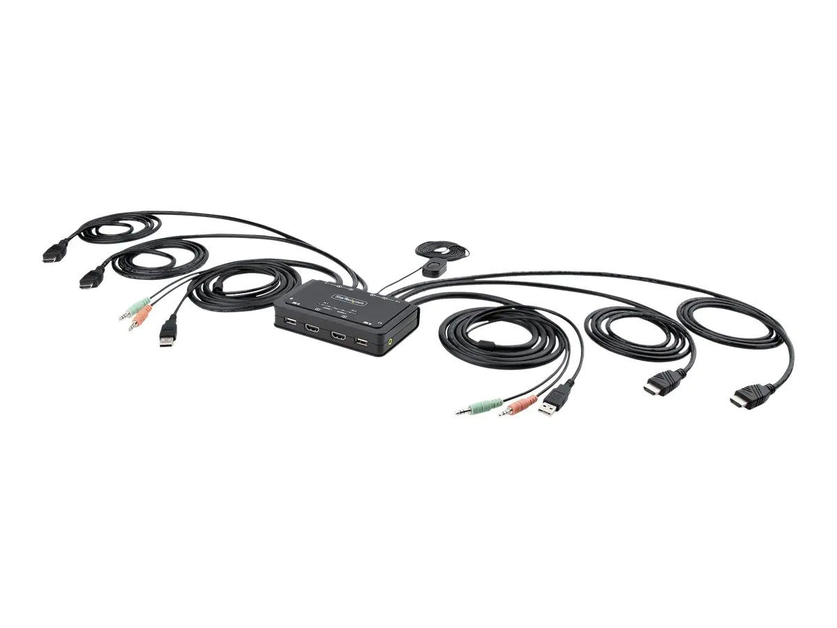 StarTech 2-Port Dual-Monitor HDMI Cable KVM Switch, 4K 60Hz, Compact KVM with 5ft/1.5m USB-A/HDMI/Audio Integrated Cables, Bus Powered - Remote Push Button/Hotkey Switching (C2-DH46-UA2-CBL-KVM) - KVM-/Audio-/USB-Switch - kompakt - 2 x KVM/Audio/USB - 1 l