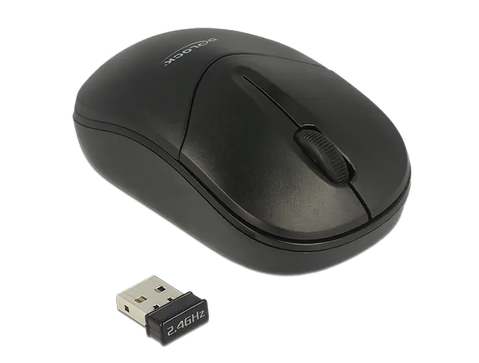 DeLOCK - Maus - rechts- und linkshändig - optisch - 3 Tasten - kabellos - 2.4 GHz - kabelloser Empfänger (USB) - Schwarz - retail