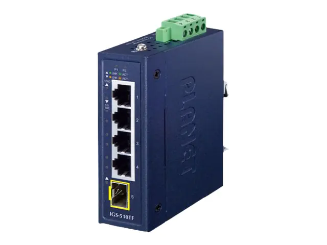 PLANET IGS-510TF - Switch - unmanaged - 4 x 10/100/1000 + 1 x 1000Base-X SFP - an DIN-Schiene montierbar, wandmontierbar - AC 24 V / DC 9 - 48 V