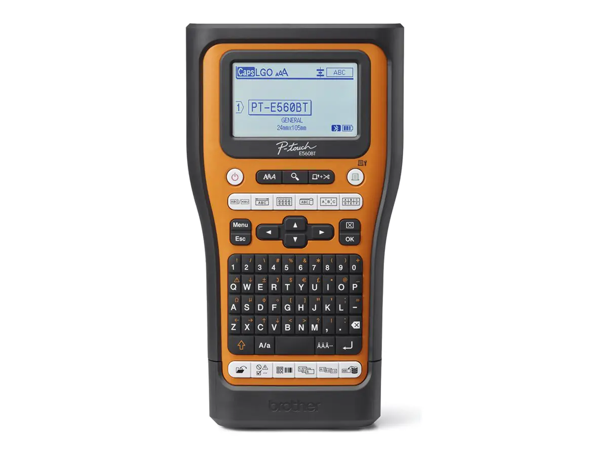 Brother P-Touch PT-E560BTVP - Beschriftungsgerät - s/w - Thermotransfer - Rolle (2,4 cm) - 180 dpi - bis zu 30 mm/Sek. - USB 3.0, Bluetooth 5.0 - Cutter - Spiegelschrift, Voll- & Halbschneidfunktion, Druckvorschau - Schwarz und Orange