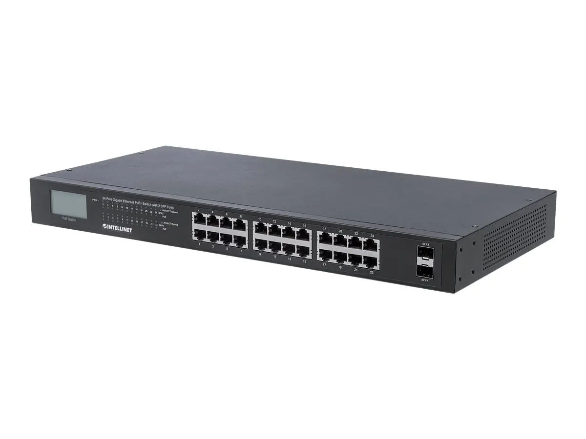 Intellinet 24-Port Gigabit Ethernet PoE+ Switch with 2 SFP Ports, LCD Display, IEEE 802.3at/af Power over Ethernet (PoE+/PoE) Compliant, 370 W, Endspan, 19" Rackmount - Switch - unmanaged - 24 x 10/100/1000 (PoE+) + 2 x Gigabit SFP - Desktop, an Rack mont