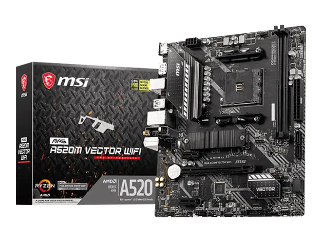 MSI MAG A520M VECTOR WIFI - Motherboard - micro ATX - Socket AM4 - AMD A520 Chipsatz - USB 3.2 Gen 1 - Gigabit LAN, Wi-Fi, Bluetooth - Onboard-Grafik (CPU erforderlich) - HD Audio (8-Kanal)