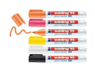 EDDING Marker - für Glas, Glasscheibe, Whiteboard - Schwarz, Weiß, Gelb, Orange, rosa, Hellblau - 1.5-3 mm (Packung mit 6) 956