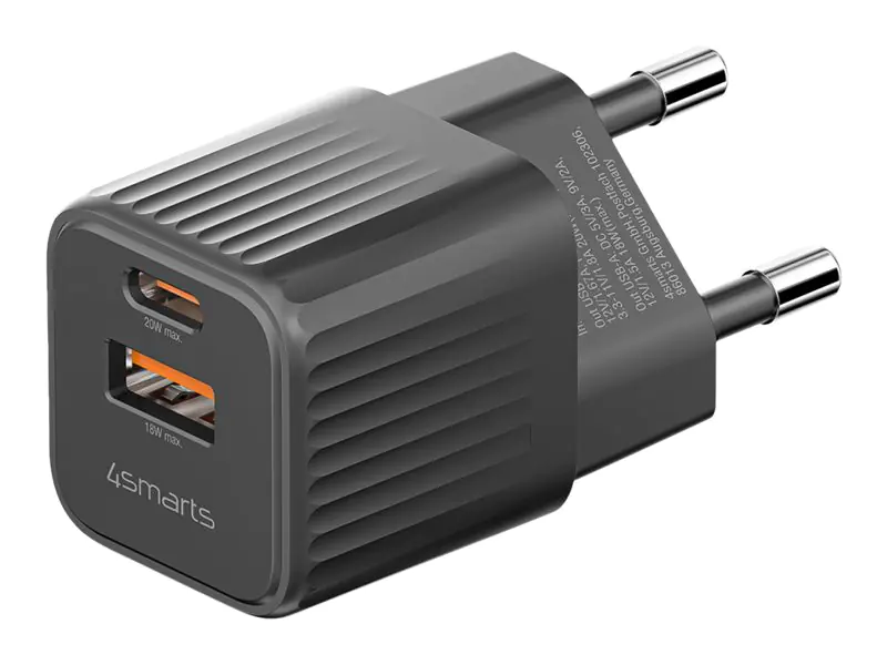 4smarts VoltPlug Mini - Netzteil - 20 Watt - 3 A - PD 2.0, PD 3.0, QC 2.0, QC 3.0, AFC, HiSilicon Fast Charging, PD/PPS - 2 Ausgabeanschlussstellen (USB, 24 pin USB-C) - Schwarz