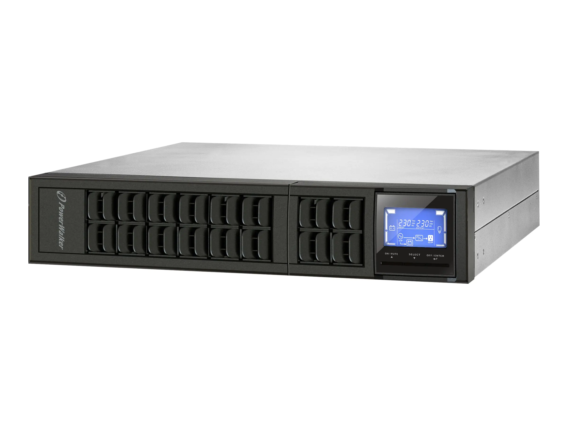 PowerWalker VFI 2000CRM LCD - USV (in Rack montierbar/extern) - 1600 Watt - 2000 VA - 9 Ah - RS-232, USB - Ausgangsanschlüsse: 4 - 2U - 48.3 cm (19") - Schwarz