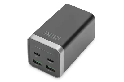 Digitus - Netzteil - GaN, Universal - 65 Watt - 3.25 A - PD 3.0 - 4 Ausgabeanschlussstellen (USB, 24 pin USB-C) - Schwarz, Silber
