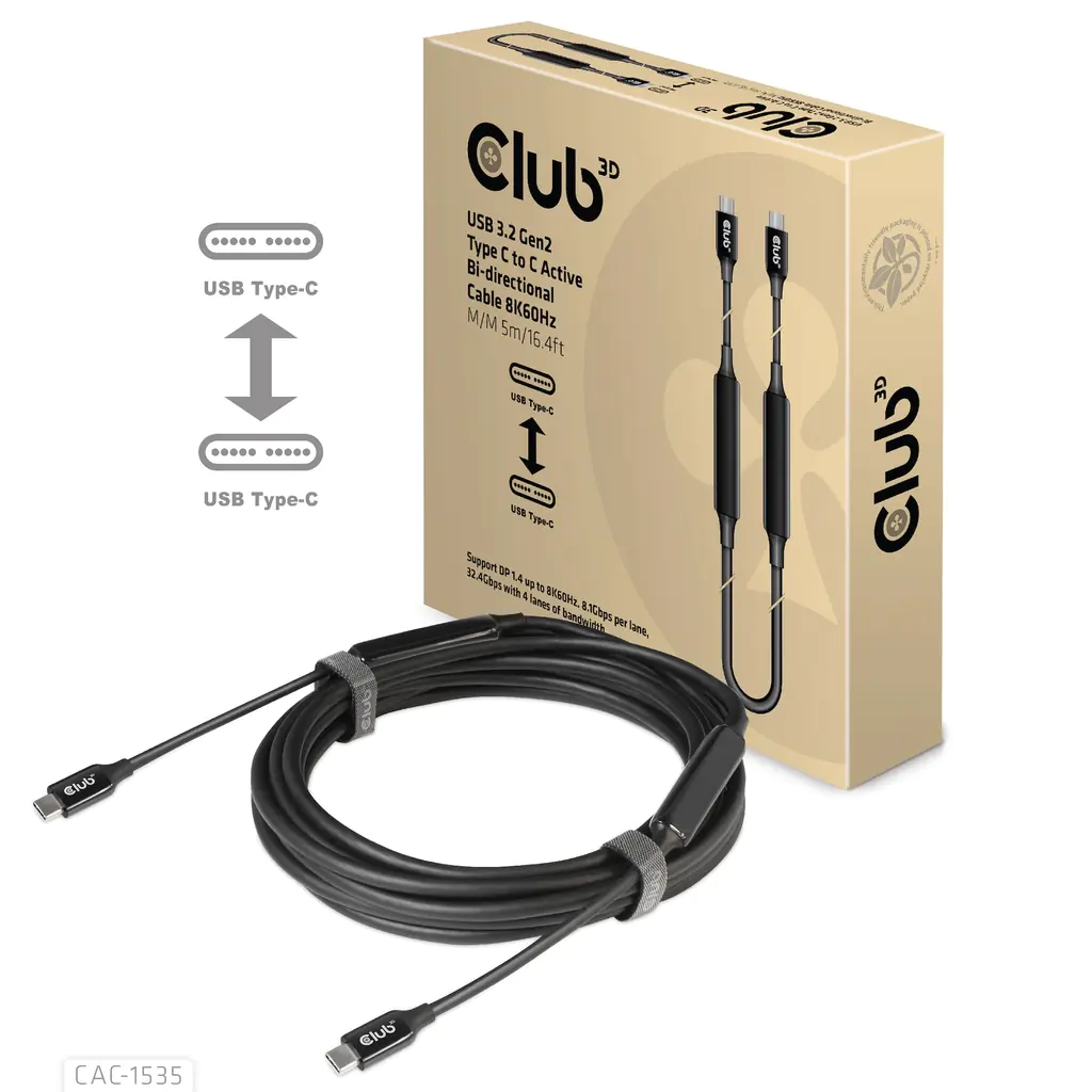 Club 3D USB 3.2 Gen2 Typ C auf C aktives bidirektionales Kabel 8K60Hz St./St. 5m CAC-1535