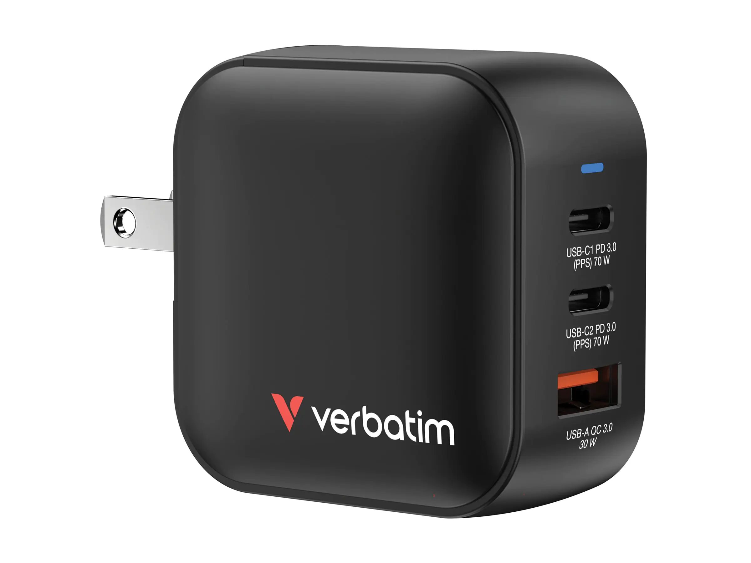 Verbatim Mini GaN Charger 70W 2xUSB-C PD, 1xUSB-A QC 3.0 32229