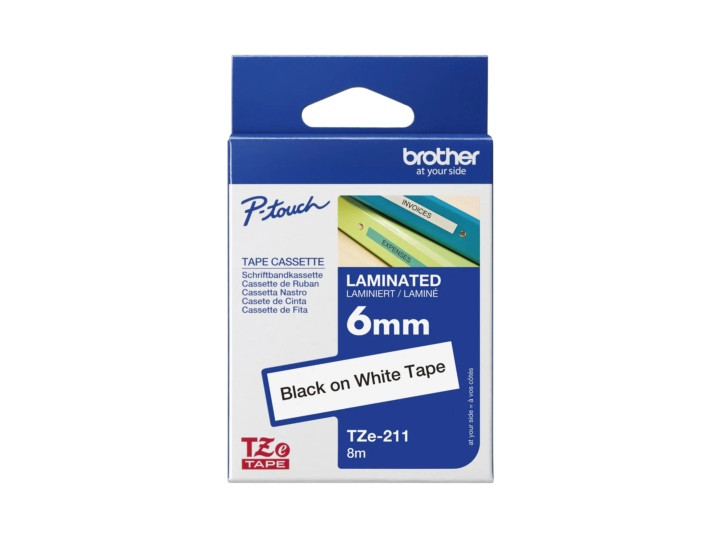 Brother TZe-211 - Selbstklebend - Schwarz auf Weiß - Rolle (0,6 cm x 8 m) 1 Kassette(n) laminiertes Band - für P-Touch PT-D210, D410, D460, D800, E550, H500, P750, P900, P950; P-Touch Cube Plus PT-P710