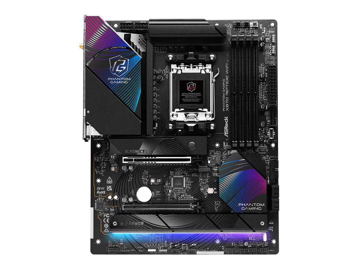 ASRock Phantom Gaming X870 RIPTIDE WiFi - Motherboard - ATX - Socket AM5 - AMD X870 Chipsatz - USB4, USB 3.2 Gen 1, USB 3.2 Gen 2, USB-C 3.2 Gen 2x2 - 2.5 Gigabit LAN, Wi-Fi 7, Bluetooth - Onboard-Grafik (CPU erforderlich) - HD Audio (8-Kanal)