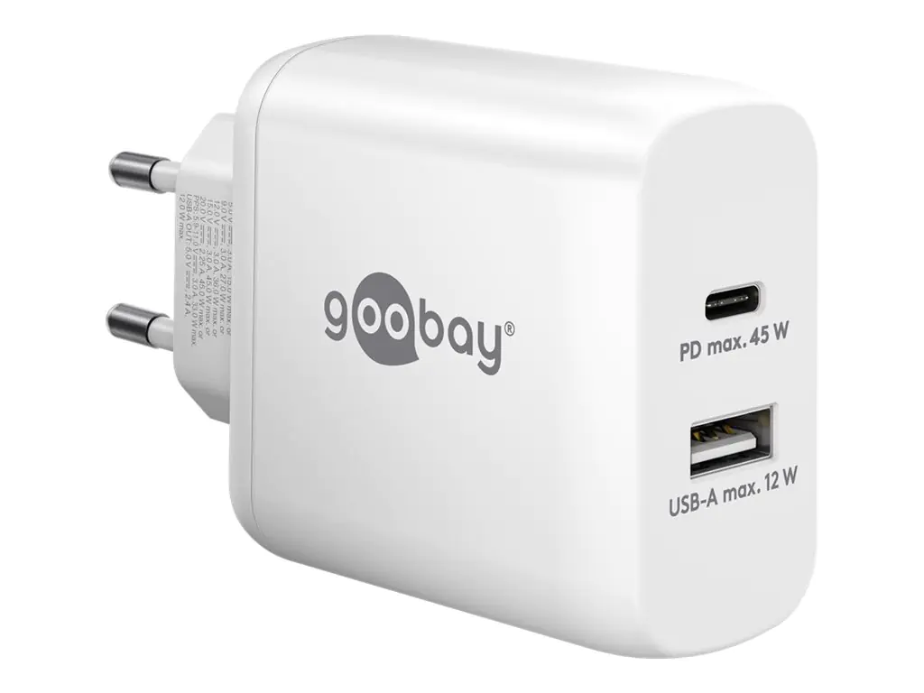 Goobay Dual USB-Schnellladegerät weiß3A USB-C PD 45W USB-A max.12W