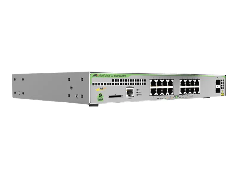 Allied Telesis CentreCOM AT-GS970M/18PS - Switch - L3 - managed - 16 x 10/100/1000 (PoE+) + 2 x SFP (mini-GBIC) (Uplink) - Desktop, an Rack montierbar - PoE+ (247 W)