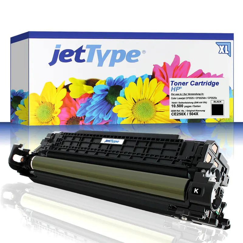 jetType Toner kompatibel zu HP CE250X 504X schwarz 10.500 Seiten Große Füllmenge 1 Stück jetType Toner kompatibel zu HP CE250X 504X schwarz 10.500 Seiten Große Füllmenge 1 Stück