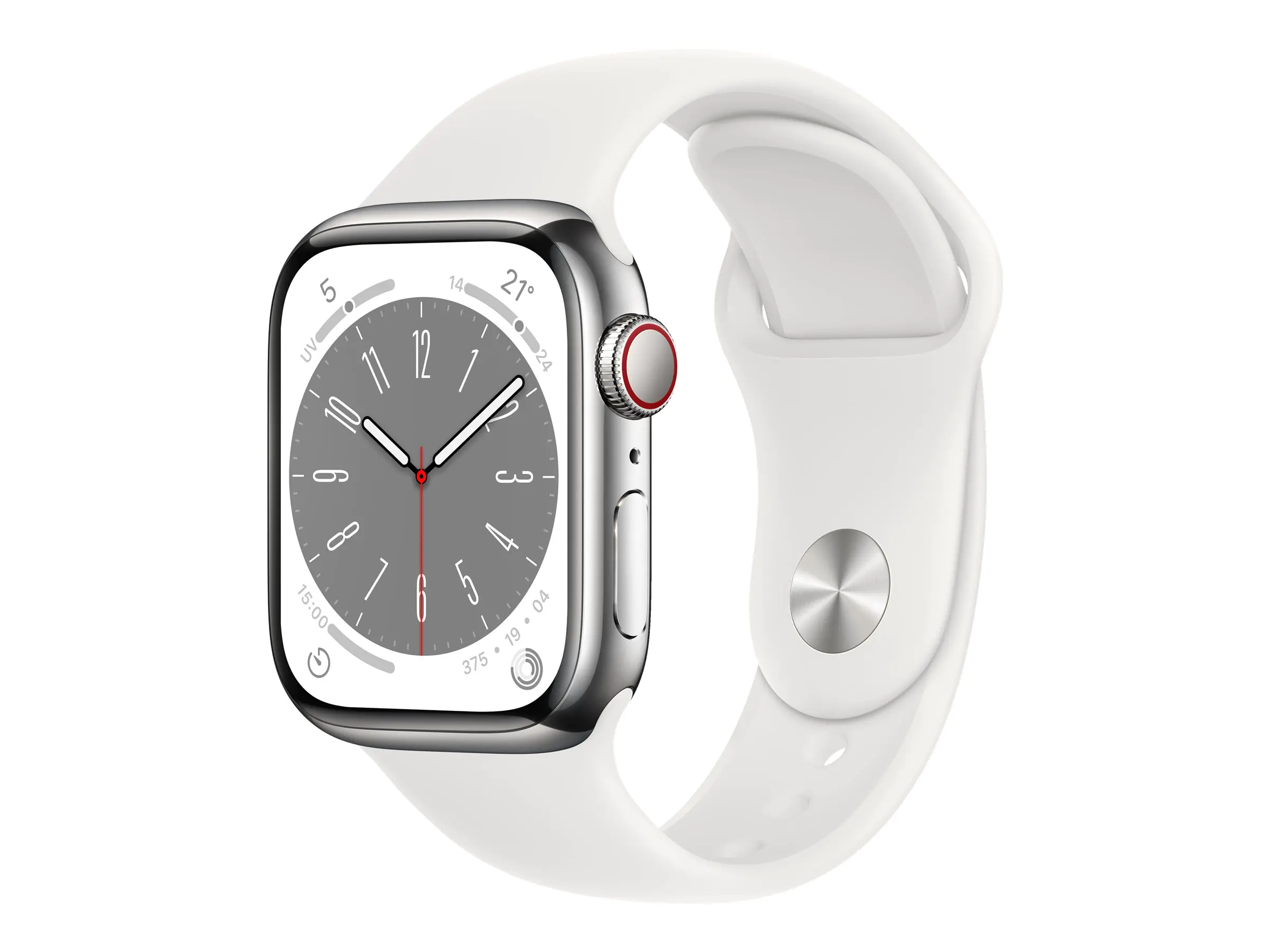 Apple Watch Series 8 (GPS + Cellular) - 41 mm - Silver Edelstahl - intelligente Uhr mit Sportband - Flouroelastomer - weiß - Bandgröße: regelmäßig - 32 GB - Wi-Fi, LTE, Bluetooth, UWB - 4G - 42.3 g