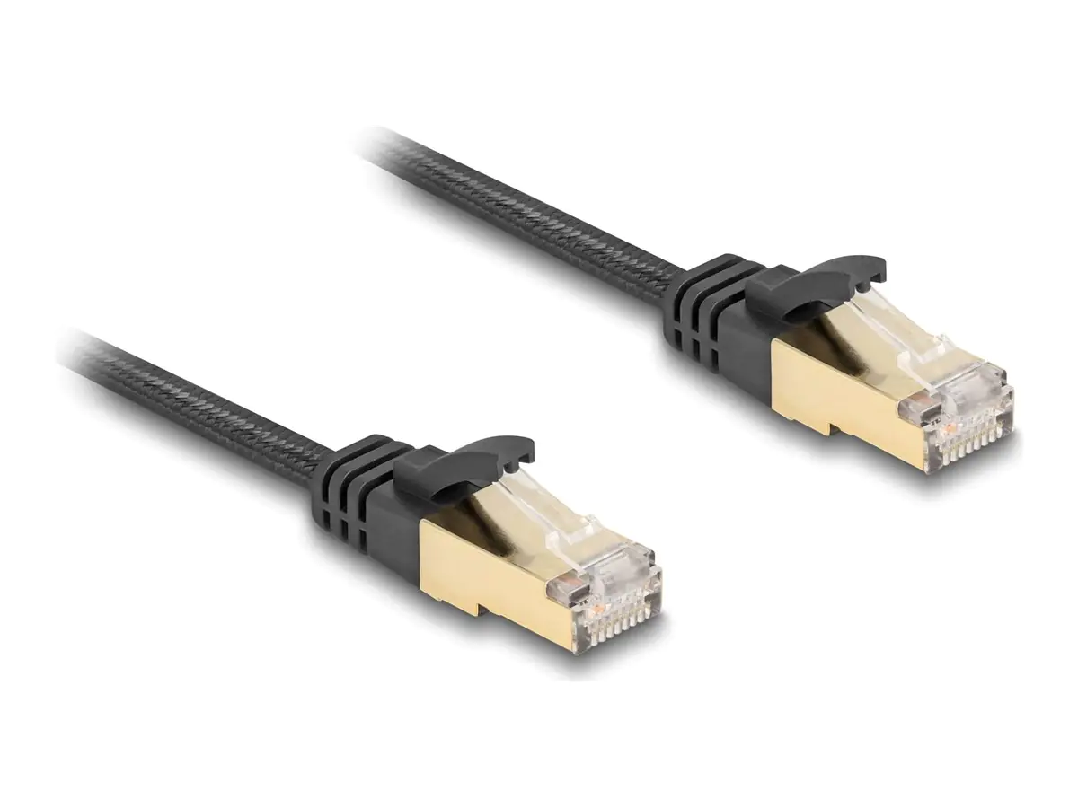 Delock - Patch-Kabel - RJ-45 (M) zu RJ-45 (M) - 3 m - S/FTP - CAT 6a - ohne Haken, flach, Gewebebeschichtung - Schwarz