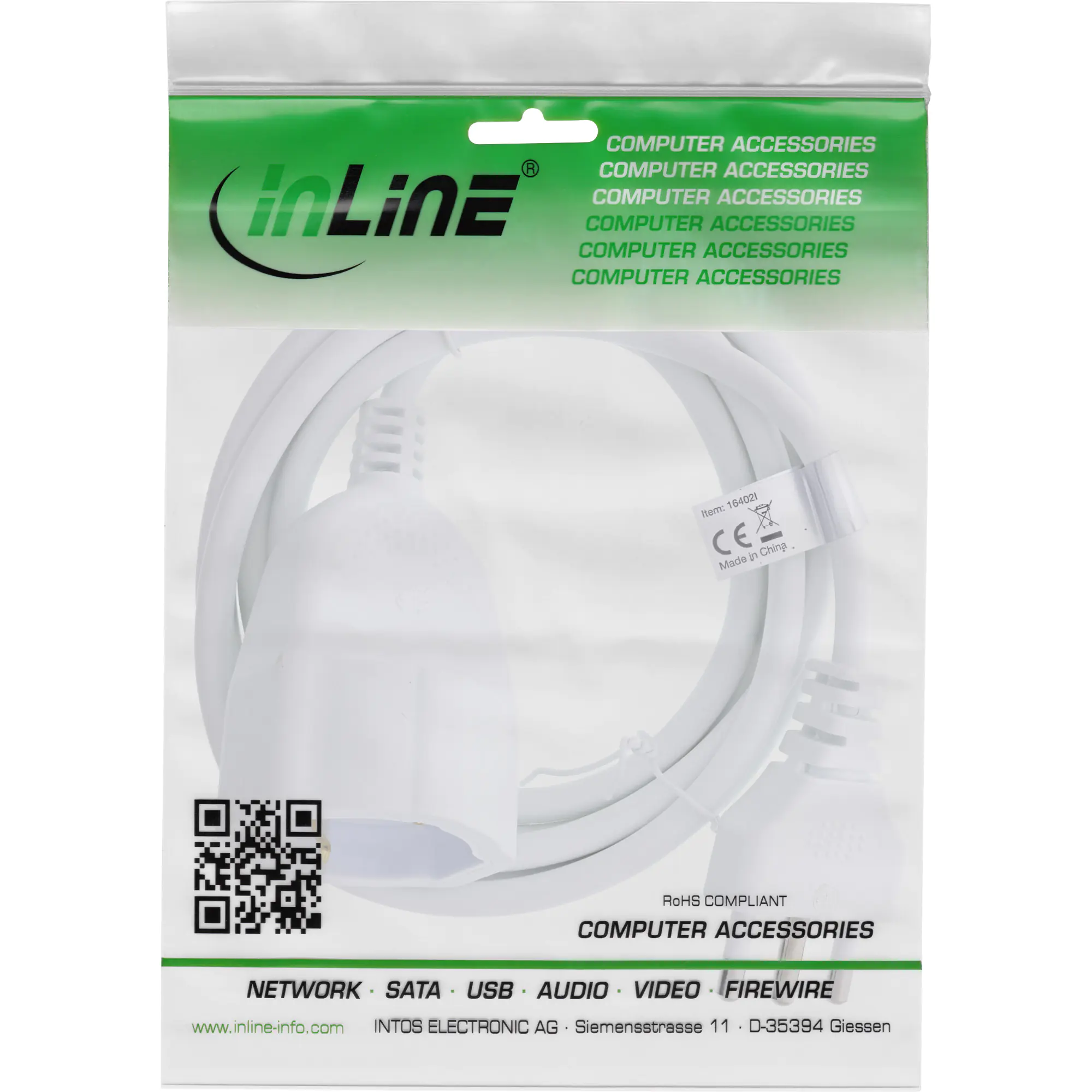 InLine Strom-Verlängerung Schutzkontakt ITALIEN Stecker L / Buchse F - weiß - 10m